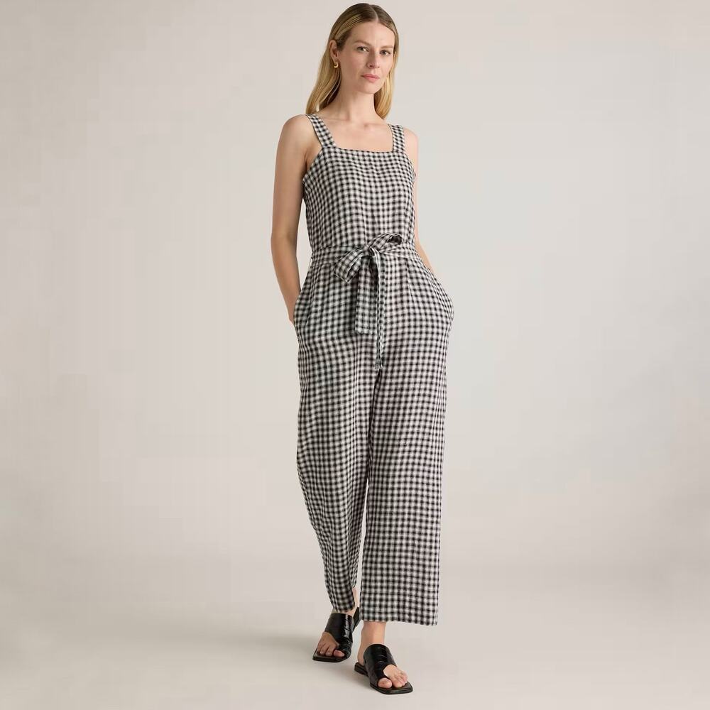 Quince European Linen Square Neck Jumpsuit in Khaki/Black Gingham Medium NWT